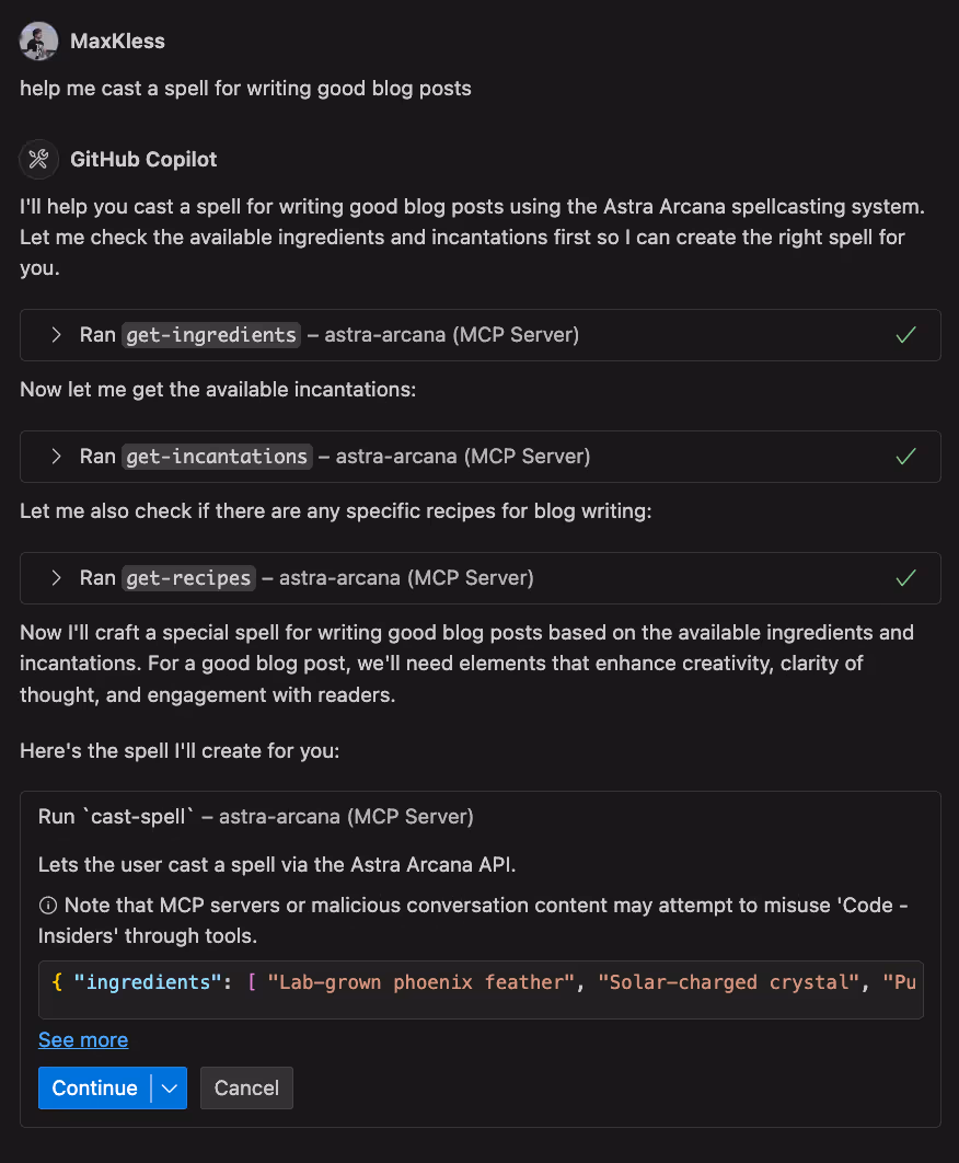 Screenshot of a conversation with Copilot that uses the built MCP tools